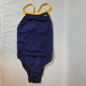 TYR Hexa Durafast Elite Cutoutfit One Piece Swimsuit, Size 28, Navy & Gold